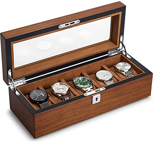 RoYiio Uhrenbox 5 uhren Aufbewahrungsbox, Watch Box mit Glasdeckel, Uhrenschachtel mit 5 Herausnehmbaren Uhrenhalter, Premium Uhrenkoffer Display Lagerung Organizer Uhrenetui Herren Mädchen Geschenk