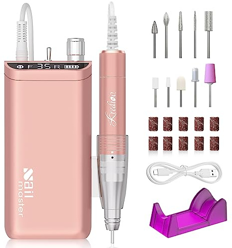 Kredioo 10 in 1 Nail Drill Kit, 35000RPM Rechargeable Electric E File, 8 Hours Battery, Manicure Pedicure Acrylic Gel Removal, Shaping for Beginner, Training, Nail Salon, Home Use, Gold