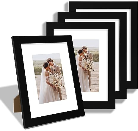 Hongkee 8x10 Picture Frame Set of 4, Made of Real Glass and Black Wooden Frame, 8 by 10 Photo for Wall or Tabletop - Display Picture 5x7 with Mat or 8x10 Without Mat