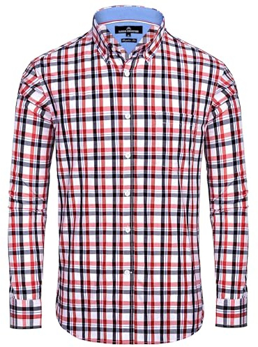 Alimens & Gentle Camicia Classica da Uomo con Colletto Bottoni, Rosso, Nero, a Quadri, XL