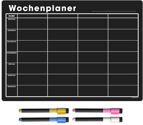 Wochenplaner Abwischbar Magnetisch | Whiteboard für den Kühlschrank, inkl. Markers & Radierer | für Menü & Familienplanung (42 x 30cm [A3], schwarz)
