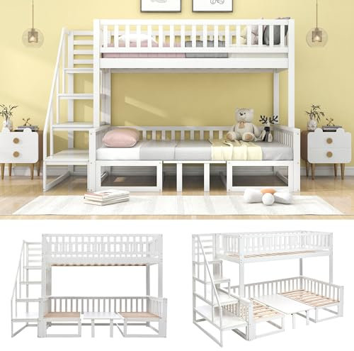 Platzsparendes Etagenbett mit Treppe,mit verstellbarem Tisch, mit Holzsofa,Robustes Kieferholzgestell,Weiß (90x200cm&120 * 200cm)
