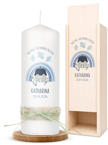 AMARI ® Kommunionkerze personalisiert Gottes Haus H:20cm/⌀:7cm - Personalisierte Kommunionkerze für Jungen & Mädchen – Kerze zur Kommunion selbst gestalten