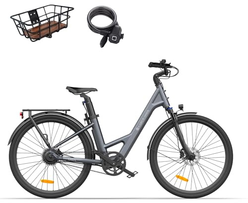 Ado Air28Pro Bicicleta Eléctrica, 28 Ebike para Adultos, Bici Eléctrica Urbana, Motor BAFANG, Transmisión por Correa, IPX7 LCD, Modo Eco y Modo Sport, App, 100 KM,Cesta y Cerradura