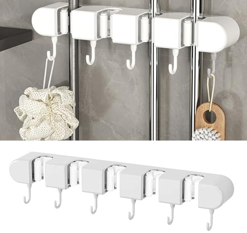 PacuM Weiß Besenhalterung wand & Gerätehalter mit 5 Halterungen & 6 Haken Selbstklebend für Küche, Bad, Garten