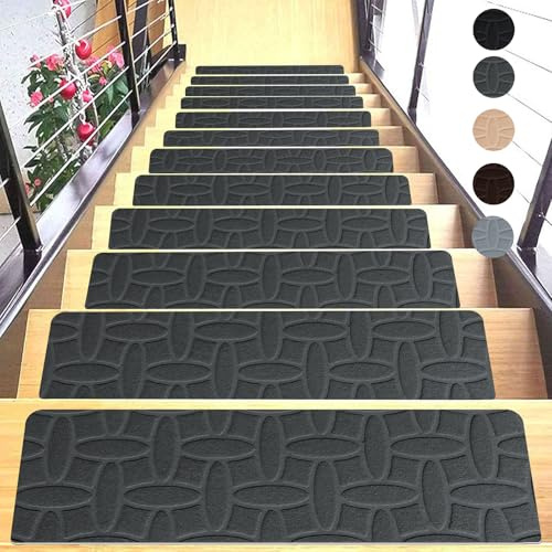 Hearda Treppenstufen Matten,Rechtwinklig 55x19cm Treppe Treppenteppich,Stein Jacquard Stufenmatten 15stück, Treppenteppich Selbstklebend,Antirutschmatte Drinnen für Drehtreppen (Anthrazit,15 pc)