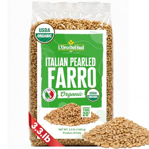 Organic Farro Grain, Pearled, 3.3 lb (1.5 kg), Italian Farro Perlato, Emmer Wheat, Spelt, Non-GMO, Superfood, Bulk, Protein, Fiber Rich, L'Oro del Sud, Product of Italy