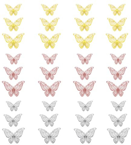 36 Pezzi Ornamenti di Farfalle 3D Adesivi Rimovibili, adesivo muro decorativo, adesivi murali, 12 ciascuno in oro, argento e oro rosa