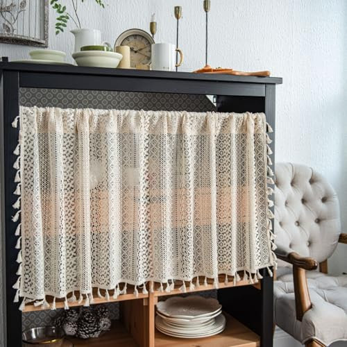 champracer Scheibengardinen Häkeloptik Durchsichtige WeihnachtsvorhäNge für KüChe, vorhäNge TüR, Baumwolle Hohl Boho Kurze Vorhang Stickerei für Kleine Fenster Badezimmer (B150xH91 cm,Stricken)