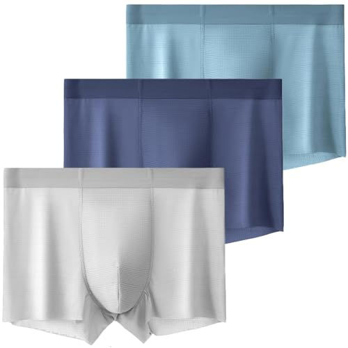 AIEOE Herr kalsonger 3 delar färska trosor ris siden tunna sömlösa sömlösa boxershorts andningsbara trosor elastiska underkläder trosor EU M-XXL (Asin XL-4XL), Grå + mörkblå + marinblå, L
