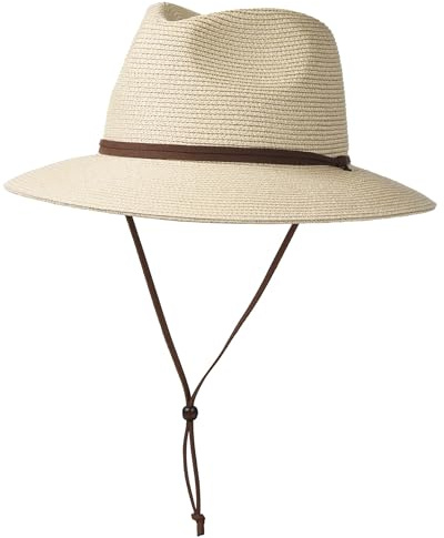 FURTALK Unisex Summer Straw Sun Hats for Women Men Wide Brim Panama Fedora Beach Hat with Wind Lanyard, Beige, M-L