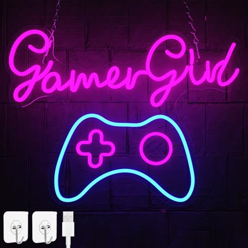 YRHome LED Neon Schild Neon Licht Gamer Deko Gaming Neon Sign Leuchtreklame Leuchtschild Neon Schilder Gaming Zone LED Schild - mit Hängenkette, Haken & USB-Ladefunktion - Typ A Gamer Girl