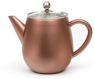 Bredemeijer Teekanne mit Siebeinsatz Edelstahl 1,1 Liter - Braun | Doppelwandige Tee Kanne für bis zu 1 Stunde warmen Tee, Teezubereiter mit Glasdeckel und Teesieb, tropffreies Ausgießen