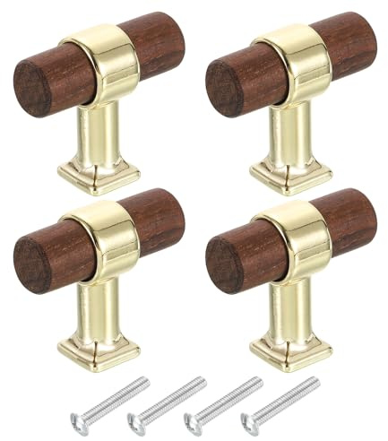 QUARKZMAN 4 Piezas Tiradores De Cajón De Madera 1.57 x 0.69 Nogal Oscuro | En Forma De T, Tiradores De Gabinete De Madera Con Base Dorada Y Tornillos, Para Cocina Armario Alacena