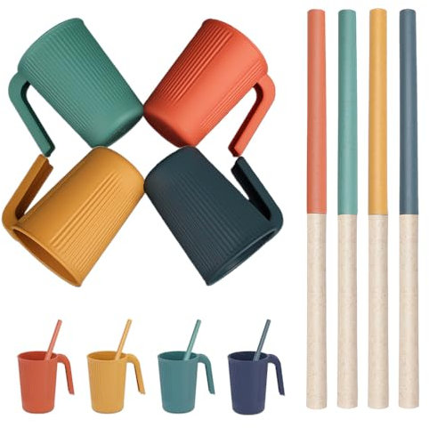 HXSYKJDM 4PCS Plastic Cups, 350ML Unbreakable Drinking Cups, Plastic Drinking Cups with Straws, Coffee Mugs with Handle, Camping Cups BPA Free