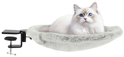 Plüsch Katzenhängematte, Starke Bequem Katzenschreibtischbett bis 20kg, Katzen Hängematte mit Stabiler Stahlhalterung, Platzsparend, Hängebett für Bürotische Schreibtisch und Computertische(grau)