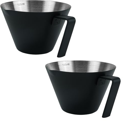 Juego de 2 tazas de café con mango, vaso medidor de acero inoxidable con boquilla individual y escala, vasos de espresso, accesorios de espresso, tazas de café con caño en V para café, leche y zumo