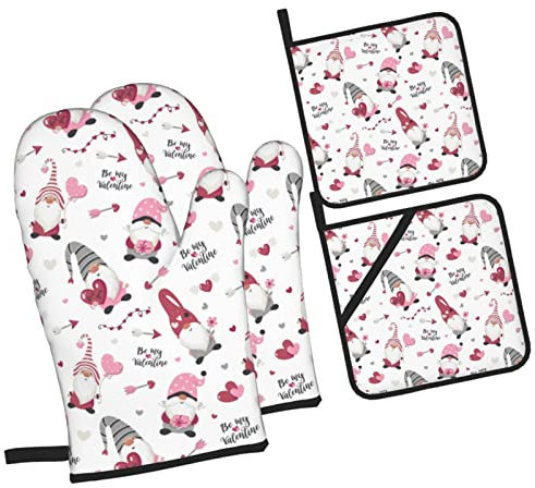 4 Pezzi Set Di Presine Da Cucina Pink Gnoems Loves Day Heart Guanti Da Cucina Divertenti Antiscivolo Guanti Da Forno A Microonde Per Microonde, Griglia, Barbecue