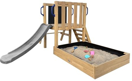 AXI Leah Torre gioco Mini per bambini in legno, scivolo grigio | Casetta da gioco compatta per giardino/sabbiera, cucina da gioco e lavagna | Giochi in legno da esterno