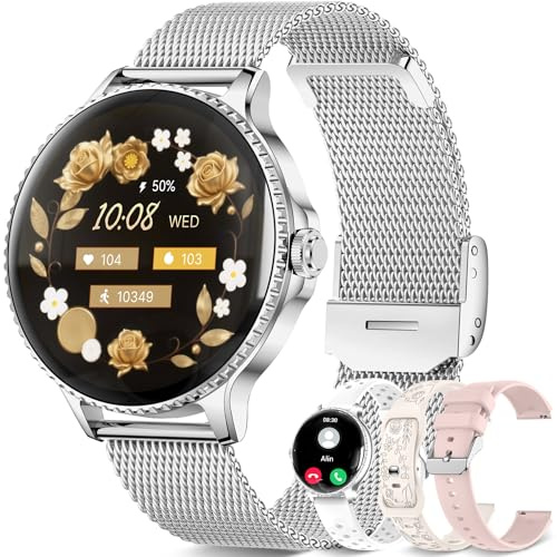 Colesma Montre Connectée Femme avec Appel Bluetooth, 1,27 AMOLED Podometre 24H FréQuence Cardiaque/SpO2/Surveillance du Sommeil, 120+ Sportifs Montre Sport pour Android iOS (Argent, 4 Bracelets)