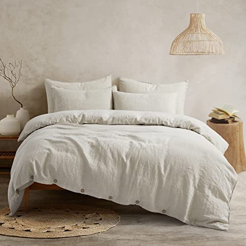 ATLINIA 100% Flax Linen Duvet Cover Set - Stone Washed Pure French Linen Organic Fabric for Farmhouse Comforter Boho Bedding Included 1 Duvet Cover 2 Pillow Shams(Natural, Queen)