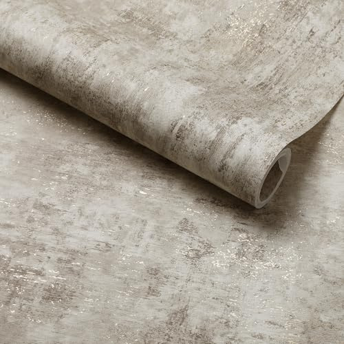Tarwanear Concrete Effect Cream Wallpaper - Feature Wallpaper for Living Room,Bedroom,Fireplace,Hallway - Shabby Chic Wall Paper with Distressed Pattern,Textured Finish & Metallic Detailing