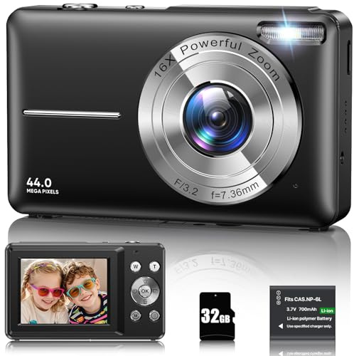 Appareil Photo Numérique 1080P Appareil Photo 44 MP Appareil Photo Compact Portable avec Écran LCD 2,4, Zoom Numérique 16X, Carte Mémoire Micro 32 G, 1 Batterie pour Adolescents, Étudiants-Noir