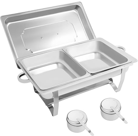 RjcdOPL Stainless Steel Double Chafing Dish Buffet Set, Rectangular Catering Chafer Warmer with 4L Food Pans, Water Tray, Fuel Holders and Lid, for Parties, Banquets, Restaurants