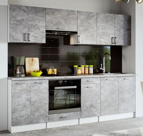 roe furniture Moderne Küchenzeile ohne Elektrogeräte in Beton - Einbauküche mit viel Stauraum - Erweiterbares 2,4-m-Set inkl. Arbeitsplatten in Beton - 240 x 82 x 46 cm (B/H/T)