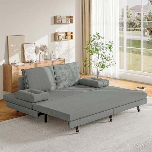 MISNODE Schlafsofa Ausziehbar 2 in 1, Schlafcouch Umwandelbar 90/180x200 cm, Klappsofa mit Schlaffunktion, Tagesbett mit Gästebett, 2 Sitzer Sofa Bett, Leinen Grau (Grau-A, 90/180x200 cm)