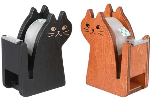 Cabilock 2 Stück Niedliche Katzen Klebebandabroller aus Holz Kompakter Tape Halter für Büro und Schreibtisch Sicherer Klebebandschneider Praktisches Geschenk für Zuhause und Bürogebrauch