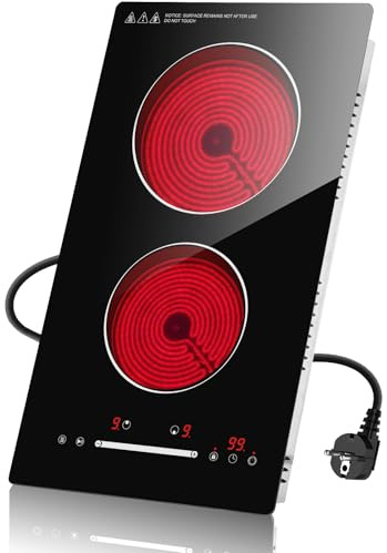 Alemania Placa Vitrocerámica 2 Zonas 3000W, 30cm Encastrable y Portátil, Control Táctil Deslizante, Temporizador y Bloqueo Infantil