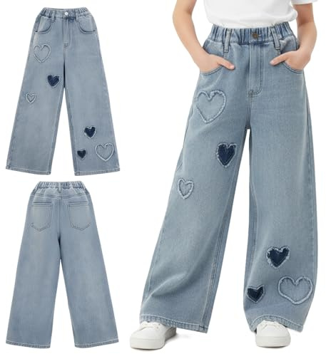 Girls Baggy Wide Leg Jeans, Elastic High Waist Denim Trousers, Casual Loose Heart Hip Hop Pants for Kids Aged 6-15 Blue