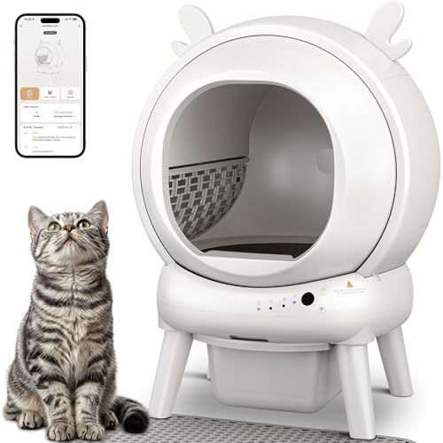 FurryKiddy Automatic Self Cleaning Litter Box, Cat Litter Box with APP Control, 65L Globe & Dual Safety Sensors, Robot Litter Box, 1 Roll Garbage Bags and Litter Mat, <35DB, White, 3LB002W