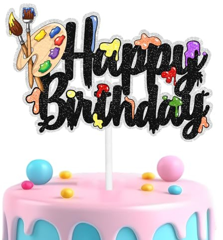 Paint Splatter Birthday Cake Topper - Art Themed Decor for Kids Boys & Girls, Painting Party, Artist Palette and Paintbrush Birthday Decor Supplies-LIANGSS
