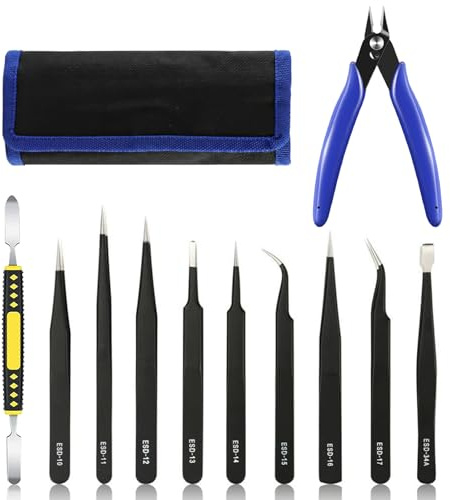 RoxNvm Juego de pinzas de precisión, 11 piezas ESD con palanca y 1 cortador de alambre, pinzas antiestáticas de acero inoxidable, para electrónica, joyería, artesanía, modelado de laboratorio