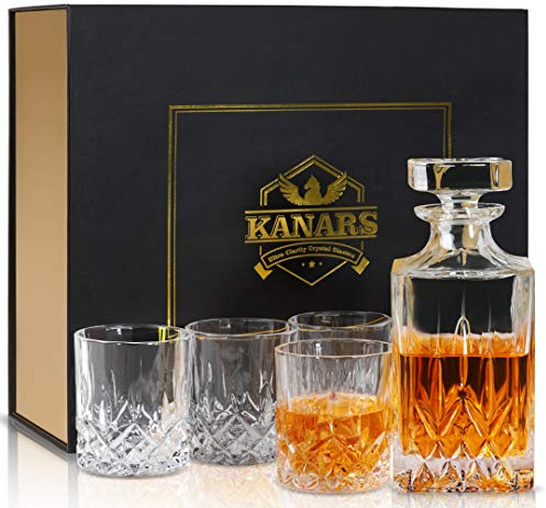 KANARS Whiskey Decanter And Glasses Set in Unique Gift Box - Original Crystal Liquor Decanter Set For Bourbon, Scotch, Vodka, Rum or Whisky, 5-Piece, Gifts for Men Dad