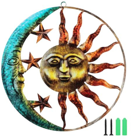 Happyyami Sun and Moon Wall Art Wall Hanging Decor Celestial Ornament for Home Garden and Photography Prop Metal Style Decor 11.42 X 11.14 in