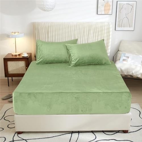 Sábana bajera ajustable de felpa de 180 x 200 cm, color verde claro, verde, de felpa, cálida, con somier, de terciopelo, para cama de 180 x 200 cm, altura de hasta 25-30 cm