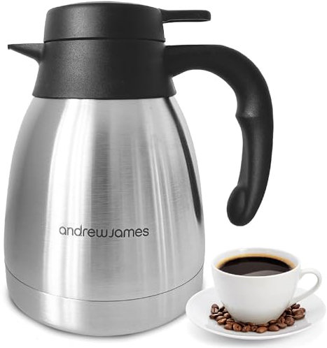 Andrew James 1L Thermal Coffee Carafe Double Walled Vacuum Jug, Stainless Steel Insulated Tea & Coffee Pot for Hot and Cold Drinks, Thermal Jug Flask Leak Proof Dispenser, Durable and Portable