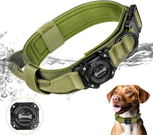 RHXOFYANG Taktisches Airtag-Hundehalsband, verstellbares militärisches taktisches Hundehalsband mit Kontrollgriff und Schwermetallschnalle, wasserdichter Airtag-Hundehalsbandhalter für mittelgroße