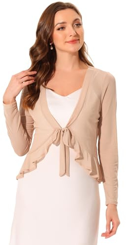 Allegra K Boléro Transparent Femme en Mousseline de Soie Gilet Court en Voile à Volants à Nouer Devant Manches Longues Cardigan Léger Kaki S