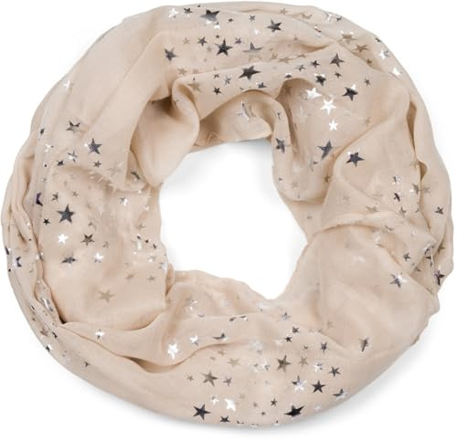 styleBREAKER Glittrande metallstjärnor dam loop halsduk enfärgad lätt tubhalsduk halsduk scarf 01016118, Beige, one size