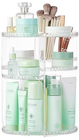 SUNFICON Rotating Cosmetic Holder Makeup Organizer 360 Degree Spining Makeup Storage Box Display Stand Brush Holders Adjustable Tray for Vanity Bathroom Bedroom Closet Large Acrylic Clear