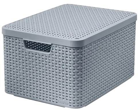 Curver Caja de almacenamiento de ratán con tapa, cesta de almacenamiento, plástico, hecha de material reciclado en al menos un 70% (gris claro, L: 44,5 x 33 x 24,8 cm)