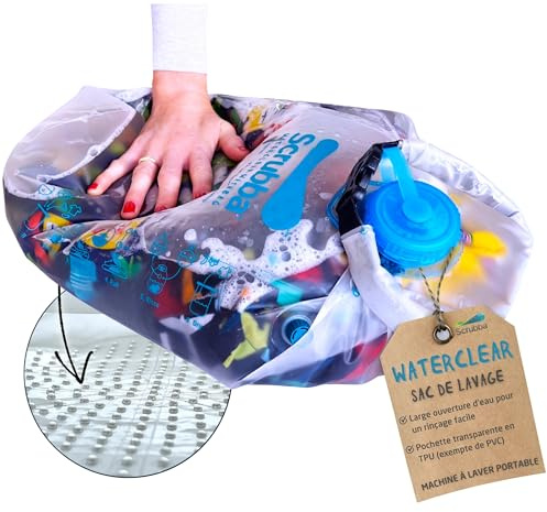 Scrubba WATERCLEAR tvättpåse – bärbar tvättmaskin med bred | Packa lätt, tvätta var som helst, invändig tvättbräda, maskintvätt, ingen el, lätt att skölj av, tydlig sikt
