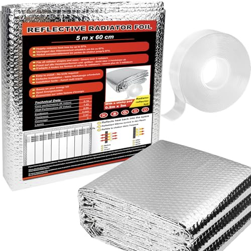 Panneaux réflecteurs de radiateur 5 m x 60 cm - Économie d'énergie - Avec coussinets adhésifs - Film réfléchissant la chaleur - Facile à couper et à installer - Isolation du radiateur pour