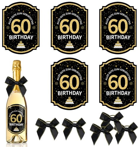 60. Geburtstag Flaschenetikett, 5 Stück Selbstklebend Geburtstag Flaschenetikett mit Schleife, Happy Birthday Etikett, Geburtstags-Flaschenetikett für Sekt und Weinflaschen(8.5x10.5cm)