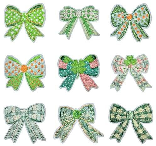 9 Pcs St. Patrick's Day Patches, Green Bow Patches, Irish Clover Lucky Shamrock Sew Iron on Embroidered Applique, DIY Craft Gifts for Kids, Bow Iron on Patches for Clothes, Hats, Jeans, T-Shirts