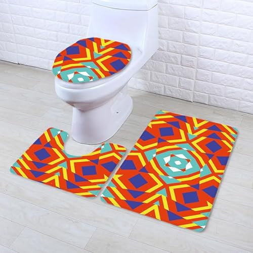 Bad Teppiche Set Orange Geometrisch Gelb Badezimmerteppich Waschbar WC Vorleger mit Ausschnitt und WC Deckelbezug 3 Teilig Badematte rutschfest Toilettensitzbezug Badgarnitur 50x80 cm